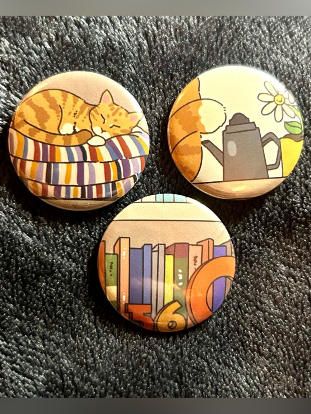 Cozy Cat & Books Button Set Upcycled Bookmark Pins 1.25in - Picture 2 of 9